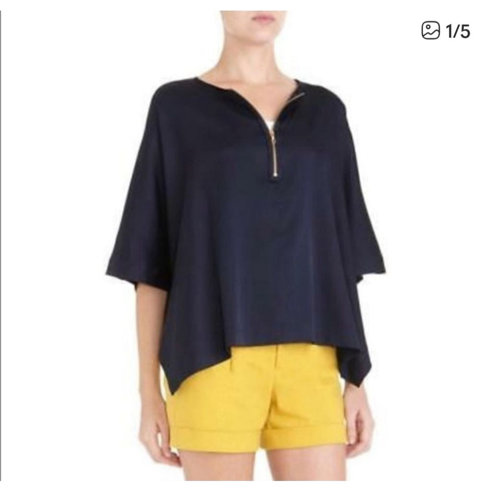 VINCE Caftan Stretch Silk Navy‎ Kimono Tunic Top with Gold Zipper V-Neck Size S